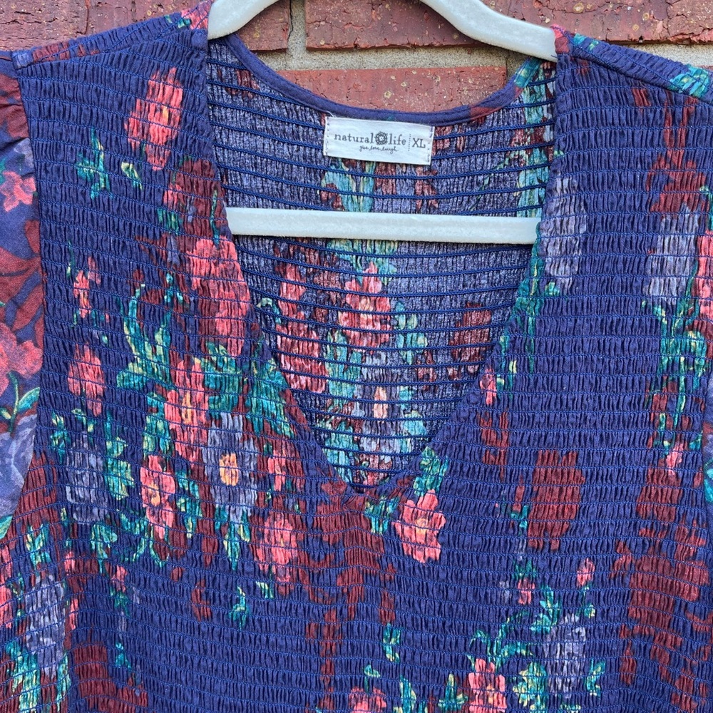 Natural Life Smocked Fall Dress XL  Blue Purple Floral